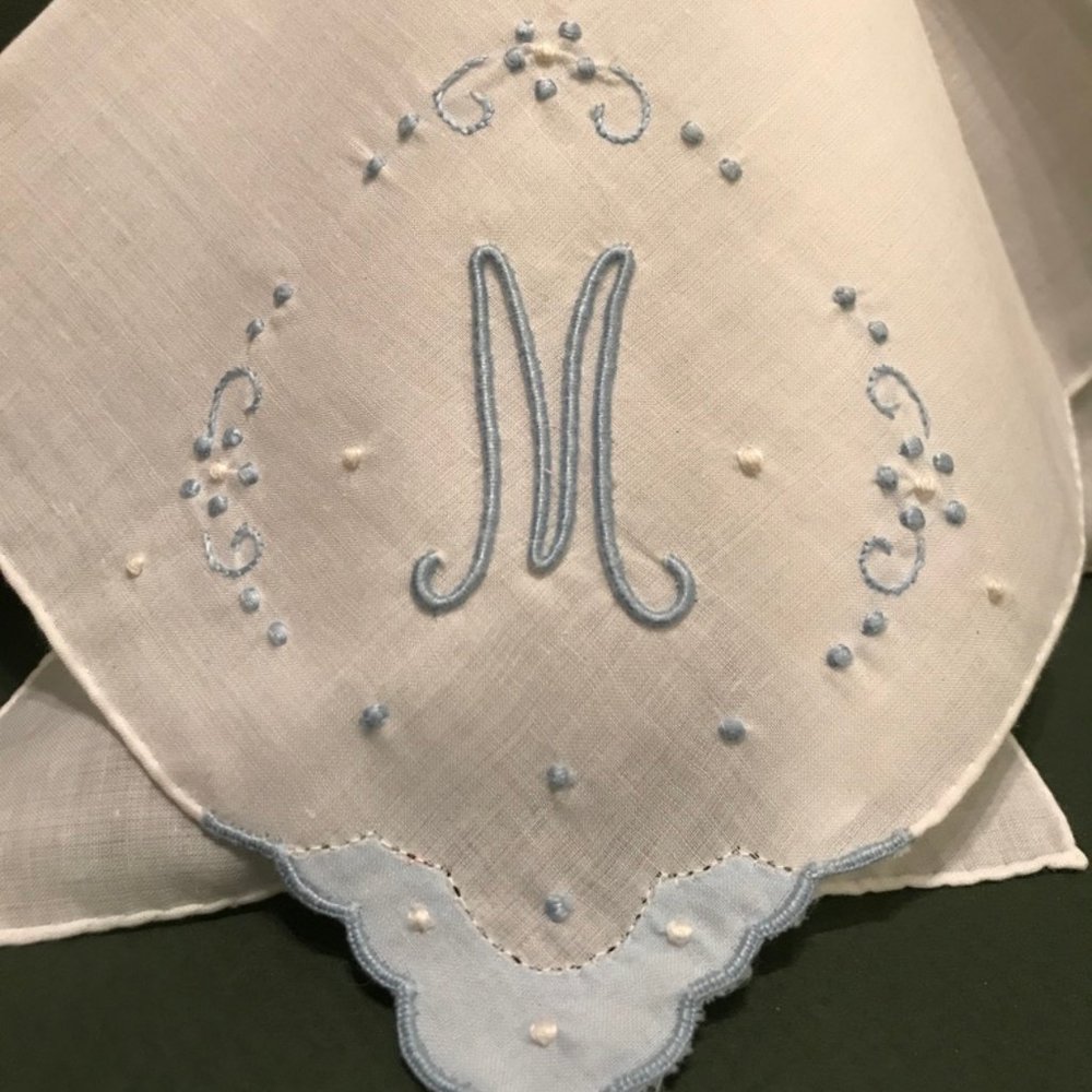 Monogram "M" Handkerchief, Embroidered Blue "M" - Picture 1 of 4